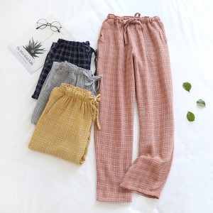 Pantalones de pijama a cuadros japoneses para mujeres, gasa de algodón puro de primavera y verano, pantalones de hogar de gran tamaño y sección delgada que se pueden usar en el exterior.