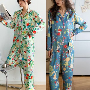 Estilo pastoral ~ Pijama casual suelto con solapa de seda islandesa de Changshun para mujer, de manga larga y pantalón suelto, ropa de casa