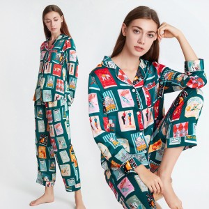 Conjunto de pijama de seda satinada de Islandia con estampado de libro misterioso para mujer - Pijama de una sola pieza con diseño delgado y de manga larga