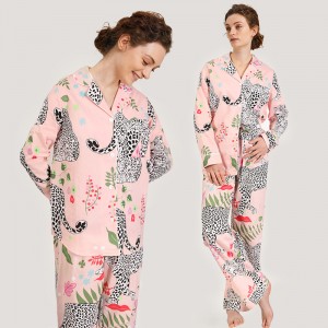 Conjunto de ropa de casa para mujeres con estampado de leopardo de nieve y algodón transpirable de alta calidad - Pantalón largo de manga larga y cómodo