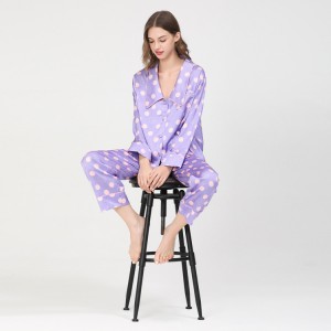 Pijama de dos piezas de seda de imitación para mujeres con lunares, para la primavera y el otoño, de manga larga, para el hogar o para vestir