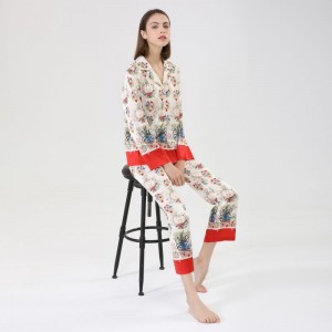 Nuevo conjunto de pijama de seda de hielo de imitación con estampado posicional para mujeres, de dos piezas, con pantalones largos, para el hogar o para vestir, se puede usar fuera