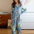 Estilo pastoral ~ Pijama casual suelto con solapa de seda islandesa de Changshun para mujer, de manga larga y pantalón suelto, ropa de casa