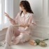 Conjunto de pijama de mujer de 60 piezas de suave lyocell tencel con cuello de muñeca satinado brillante y pantalones largos para casa