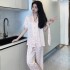 Conjunto de pijama de cinco piezas de seda de hielo para mujeres con ribete de leopardo rosa para el hogar en el verano