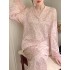Conjunto de pijama de seda de hielo para mujeres en 2023 con mangas de leopardo rosa para uso en exteriores con diadema y atadura para el cabello de regalo