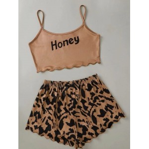 Conjunto de pijama con pantalones cortos de leopardo y camisola cómoda con estampado de letras para mujer