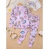 Pijama de manga larga con estampado de dibujos animados de gato morado de algodón para niñas 2 piezas