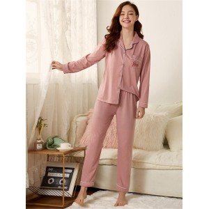 Conjunto de pijama con pantalones y tops con cuello de manga larga bordado con letras de algodón cómodas para mujer
