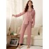 Conjunto de pijama con pantalones y tops con cuello de manga larga bordado con letras de algodón cómodas para mujer