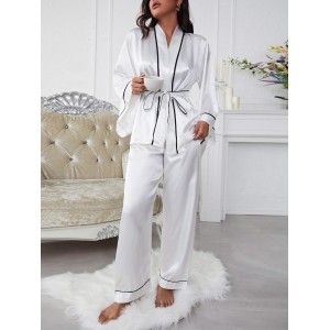 Conjunto de dos piezas de satén de seda cómodo para mujer Conjunto de pijama con pantalón y bata de manga larga con cinturón