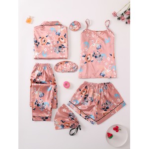 Pijamas multifuncionales de satén de seda para mujer, 7 Uds., camisas de manga larga, pantalones, chaleco, pantalones cortos, antifaz para los ojos, conjunto de bolsa de turbante