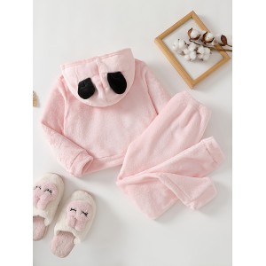 Conjunto de pijama con capucha de franela con patrón de panda de dibujos animados lindo para niñas rosa