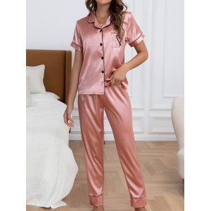 Conjunto de pijama de satén con patrón de corazón cómodo, conjunto de pijama de seda para mujer, conjunto de pijama de 2 piezas de manga corta con botones, conjuntos de salón para dormir