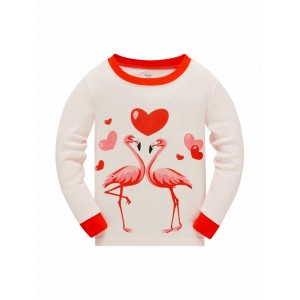 Popshion-Conjunto de pantalones de pijama con ribete de contraste y parte superior de animales de dibujos animados de flamencos para niñas