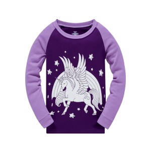 Popshion 2 piezas niñas unicornio fluorescente brillante dibujos animados púrpura pijama de manga larga traje de algodón