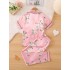 Conjunto de pijama de satén con botones en la parte delantera y estampado floral grande para niñas de 2 uds.