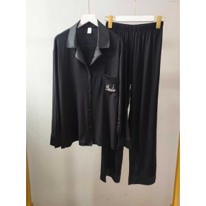 Traje de servicio a domicilio de pijama de mujer de gran tamaño negro de solapa fina de manga larga de algodón puro