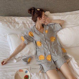 Fruit Orange Plaid Cotton Short Sleeve Shorts Ladies Pijamas Sets para el verano