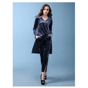 Chaqueta irregular manga larga, pantalón ancho, traje casual de señora de color puro