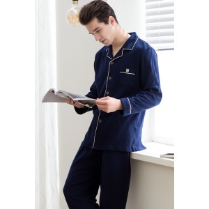 Azul marino algodón Manga larga hombre pijamas para primavera y para caes