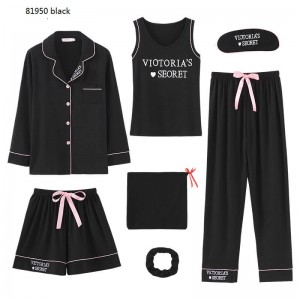 Nuevo pijama de siete piezas para mujer, largo, de imitación, modal, con bordado de letras simples, traje de servicio a domicilio