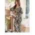 Pijamas de seda de simulación geométrica para mujer Conjunto de ropa de hogar con cuello en V de manga larga al por mayor