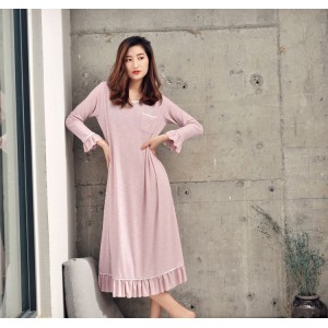 Primavera Verano Lotus Leaf Ropa de dormir para mujer Camisón de algodón modal Vestido de casa de manga larga para dormir desnuda