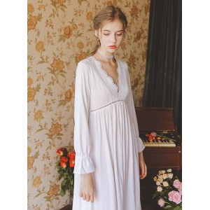 Camisón de 100 algodón para damas Camisones de manga larga V Vestido de cuello para dormir blanco