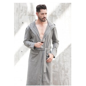 Camisón de algodón para hombres Bata de baño de manga larga gris y cuello en V, y pijamas con capucha.