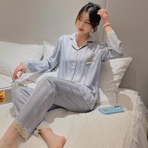 Conjunto de pijama de mujer de manga larga con encaje dulce de seda simulada cárdigan de solapa simple