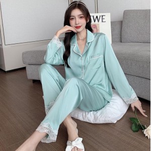 Nuevo conjunto de pijama de seda de hielo dulce de encaje fino de manga larga