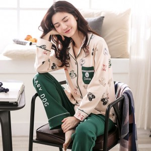 Pure algodón Manga larga Impresióned pijamas para senoras fahionable loose mujer 'set pjs para primavera