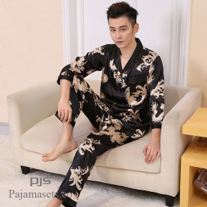 Nuevo Simulado seda hombre Manga larga Lacing pijamas para primavera hombres cómodo set pjs con Dragon Impresióning