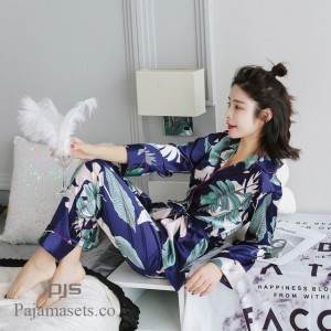 2019 Nuevo Manga larga Conjunto de cuello vuelto pjs Hembra para primavera cómodo seda de hielo Impresióned lounge pijamas para senoras