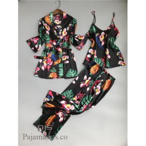 Lujo Sexy batas establece mujer para primavera Pijamas largos de tres piezas para señoras
