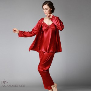 tallas grandes senoras seda pijamas de tres piezas Manga larga seday conjuntos de ropa de dormir