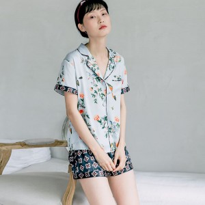 Seda de manga corta como pijama conjunto de ropa de dormir sexy impresa