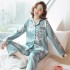 Primavera y otoño cardigan de seda de imitación suelta y delgada ropa de casa traje de dos piezas