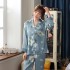 Pijama de dos piezas de primavera y otoño para mujer, conjunto de ropa para el hogar de manga larga con estampado de seda casual y cómoda para mujer